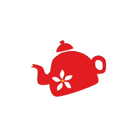 Vector flat ceramic red tea kettle with white flower print silhouette icon. British English breakfast symbol.のイラスト素材