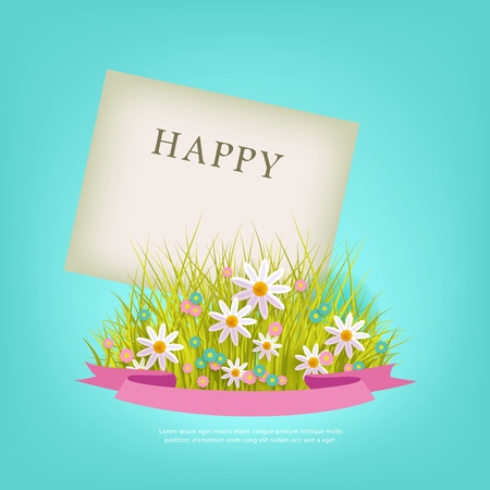 Spring flowers and grass with pink ribbon isolated on blue background and white paper card with empty space for text.のイラスト素材