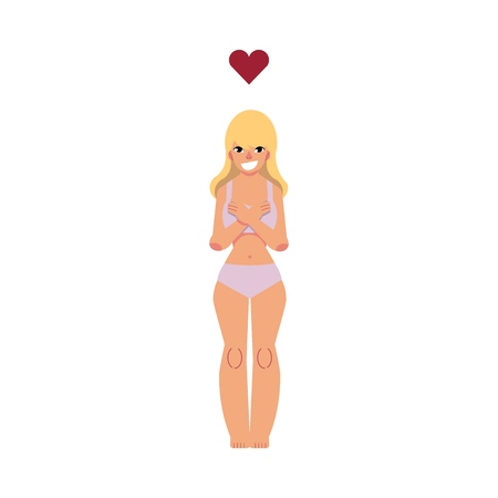Girl hugs herself and presses her hands to breast with love for her body isolated on white background. Cartoon character of beautiful young woman in underwear for happy body positive concept.のイラスト素材