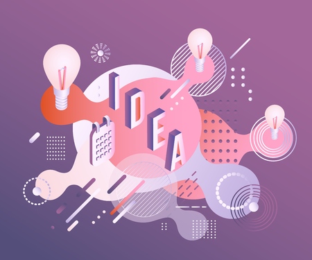Idea word isometric design - volumetric letters with gradient and lightbulbs on violet background.のイラスト素材