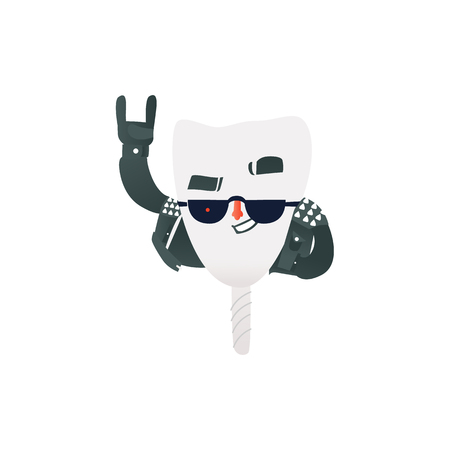 Happy healthy tooth implant in rock clothes and sunglasses making hand horns gesture. Isolated cartoon character of strong dental implant for oral health and care concept vector illustration.のイラスト素材
