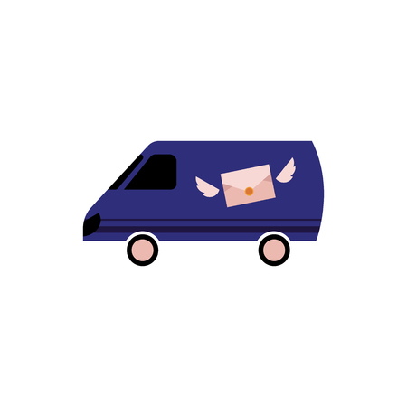 Postal delivery transportation service isolated on white background vector. Flat cartoon illustration of post transport - cargo minibus with symbol of envelope with wings. Courier and shipping symbol.のイラスト素材