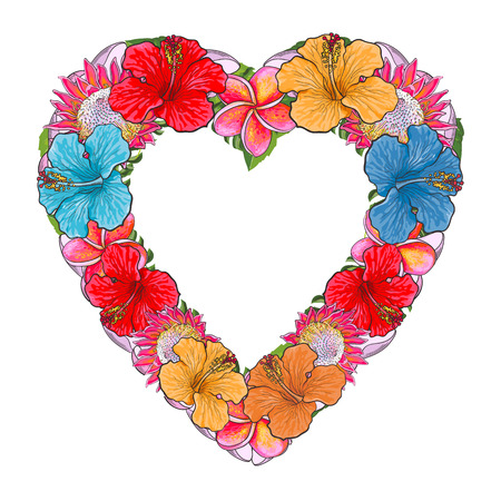 Tropical flowers in floral composition in form of heart isolated on white background in sketch style. Hand drawn romantic natural frame with exotic blooms and copy space, vector illustration.のイラスト素材