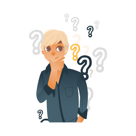 Young blonde hair man in casual clothing standing in thoughtful curious pose holding his chin thinking with questions above head. Isolated vector illustration, portrait in cartoon styleのイラスト素材
