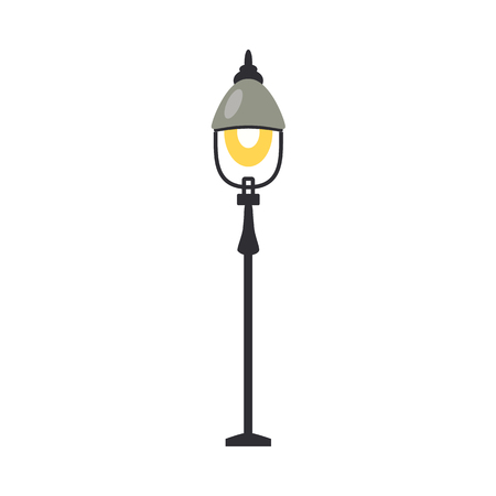 Street lantern with one lamp turned on in flat design isolated on white background. Black vertical standing lamppost with light - outdoors stationary streetlight structure. Vector illustration.のイラスト素材
