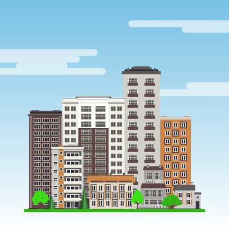 City landscape with high-rise apartment houses and municipal buildings, green trees and lawn on blue sky background with clouds in flat style. Colorful city skyline. Vector illustration.のイラスト素材
