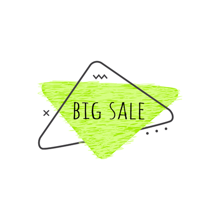 Big Sale text on lime green grunge triangular badge for promotion and advertising banner design - scratch textured geometric graphic element isolated on white background. Vector illustration.のイラスト素材