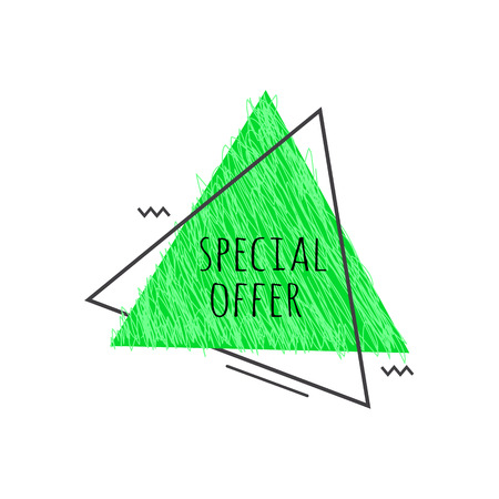 Grunge geometric badge with Special Offer sign - scratched green triangular graphic shape isolated on white background for promotion or advertise banner, special price sticker. Vector illustration.のイラスト素材