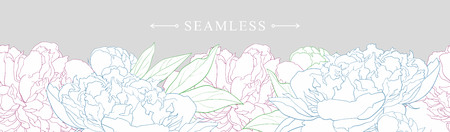 Elegant white peonies with colorful contours border seamless pattern. Hand drawn isolated gentle blossom flower element for romantic wedding greeting card or invitation. Vector illustration.のイラスト素材