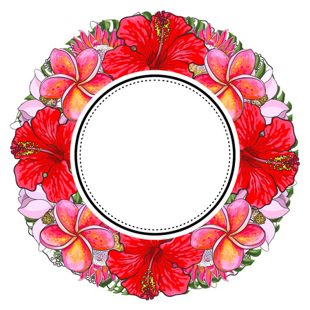 Tropical flowers and palm leaves in floral composition in round form with sticker on top isolated on white background in sketch style. Hand drawn natural frame with exotic blooms. Vector illustration.のイラスト素材