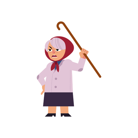 Old angry woman swearing and threatening with her walking-stick isolated on white background.のイラスト素材