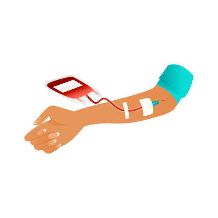 Blood donor colorful icon - woman's hand during collection of blood in medical plastic bag isolated on white background. Cartoon vector illustration of giving blood charity element.のイラスト素材