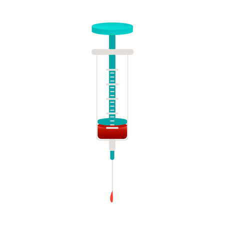Syringe with red blood inside and drop at the end of needle icon isolated on white background. Cartoon vector illustration of medical laboratory equipment for healthcare concept.のイラスト素材