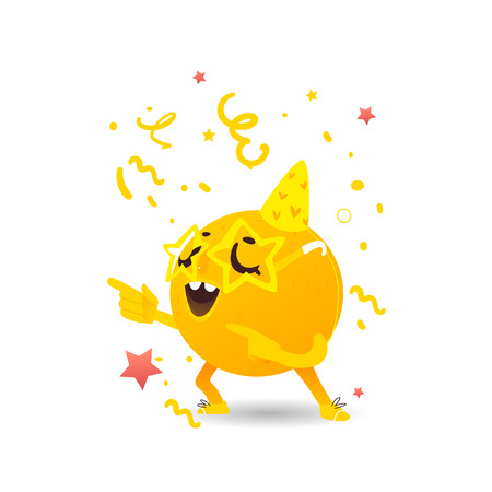 Orange fruit character at summer party . Orange in fancy star glasses dancing. Summer vacation, party poster. Isolated vector illustration, white backgroundのイラスト素材