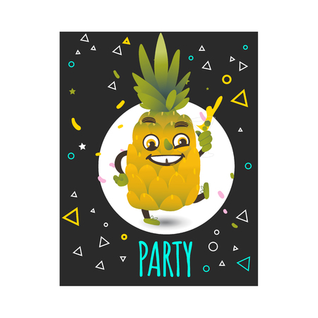 Funny pineapple happy fruit character smiling holding cocktail glass going to fun. Summer vacation, party poster design element. Vector isolated illustration in cartoon style on black backgroundのイラスト素材