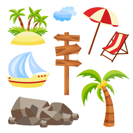 Vector flat travelling, beach vacation symbols icon set. Summer holiday rest elements - sand island with palm, wooden sign with direction, sun umbrella lounger yacht stone clouds. Isolated illustrationのイラスト素材