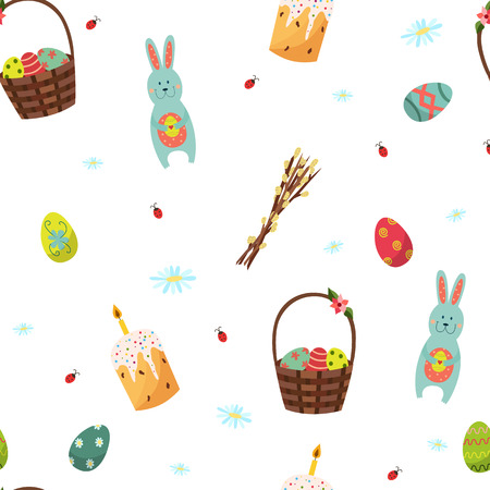 Easter seamless pattern with bunny, eggs, cake and willow branches, vector illustration on white background. Easter cake, bunny, decorated eggs and willow branches - seamless pattern, white backgroundのイラスト素材