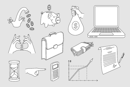 Vector sketch business finance, banking, currency, saving charity success documents marketing research symbols set. Laptop, money wallet graph chart piggy bank Isolated monochrome illustrationのイラスト素材