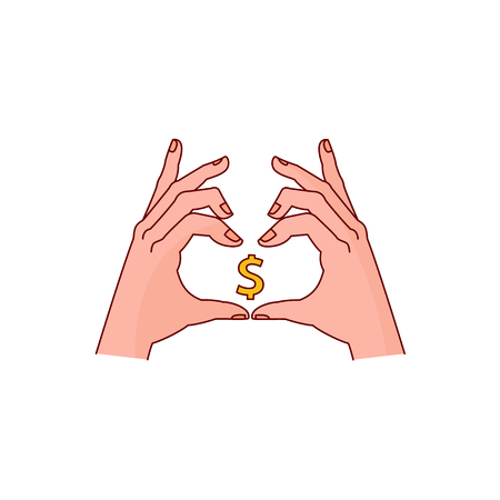 woman hands holding golden dollar showing love heart sign. Business finance, banking, currency, saving and charity symbol. Isolated illustration on a white backgroundのイラスト素材