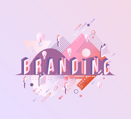 Branding isometric word design - letters with gradient on pastel background with fluid color abstract geometric shapes and different tools. Vector illustration.のイラスト素材