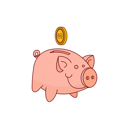 hand drawn piggy band money box, pig earnings save object, home investment bank tool with golden coin icon. Isolated illustration on a white background.のイラスト素材