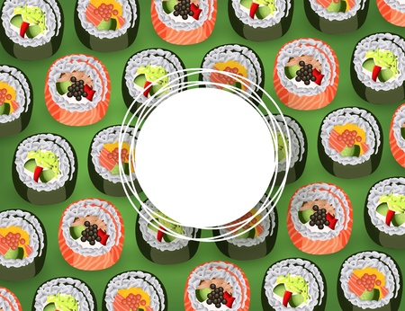 Sushi banner with fresh rolls pattern on green background and white round sticker with empty space for text - realistic japanese traditional seafood restaurant concept design. Vector illustration.のイラスト素材