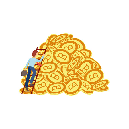Vector flat bitcoin mining concept. Male character, businessman in formal clothing climbing the ladder of pile of golden bit coins. Isolated illustration, white backgroundのイラスト素材