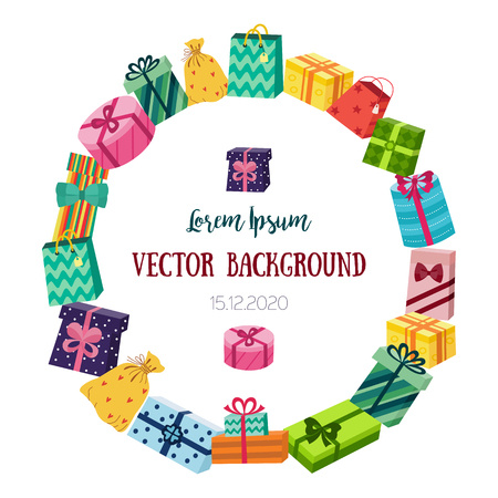 Round frame made of Christmas, birthday, New Year gift, present boxes with place for text, flat cartoon vector illustration isolated on white background. Round frame of colorful gifts and presentsのイラスト素材