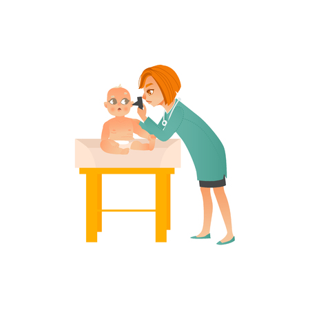 Female pediatrician doctor examines baby on scheduled checkup isolated on white background.のイラスト素材