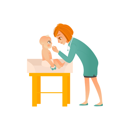 Female pediatrician doctor examines baby on scheduled checkup isolated on white background - medical professional checks child throat and mouth in office, cartoon vector illustration.のイラスト素材