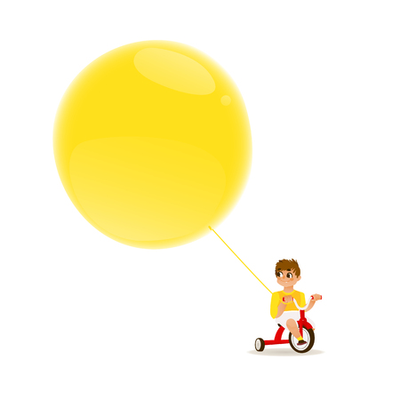 Cartoon little boy child riding bicycle holding big air balloon smiling. Happy male kid character celebration party invitation card design. Isolated vector illustration white backgroundのイラスト素材