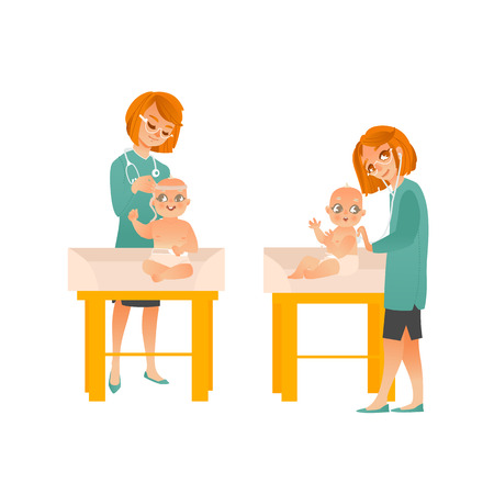 Female pediatrician examines baby on scheduled checkup set isolated on white background. Doctor measures size of child head and listens to his breathing with stethoscope. Cartoon vector illustration.のイラスト素材