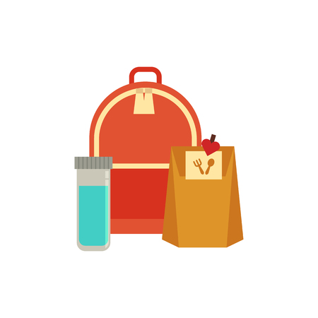 Paper pag lunchbox drink in bottle, schoolbag for school day. Dinner lunch container with snacks, meals homemade food. Vector isolated illustrationのイラスト素材