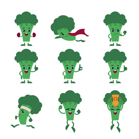 Green fresh broccoli character set isolated on white background. Useful vitamin vegetable does sports, protects health as superhero, wins and achieves success and shows gestures. Vector illustration.のイラスト素材