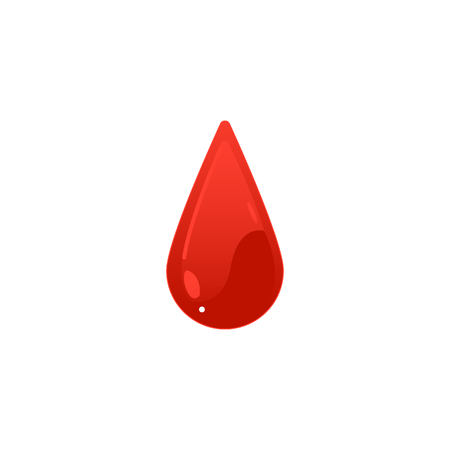 Red blood drop icon - cartoon colorful droplet shape isolated on white background. Vector illustration of symbol for giving blood charity, medical and laboratory concept.のイラスト素材