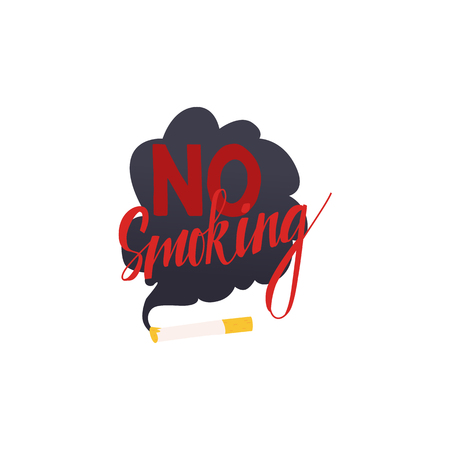 Cartoon no smoking symbol with smoking cigarette and red inscription. Restriction zone sign, prohibition pictogram. Nicotine addiction, health care protection design object. Vector illustrationのイラスト素材