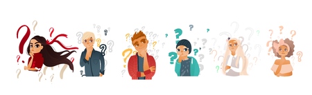 Cartoon teen people with questions set. Young caucasian women with ribbon in hair, men thinking. Male female characters standing thoughtful pose holding chin questions above head. vector illustrationのイラスト素材