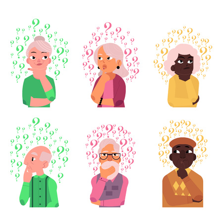 Cartoon old people with questions set. Elderly caucasian, black women, men thinking portraits. Male female characters standing thoughtful pose holding chin questions above head. vector illustrationのイラスト素材