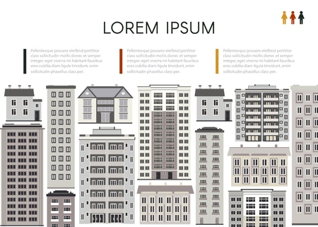 Cityscape poster with apartment, office building, skyscraper houses. City modern architecture background design template with space for your text. Vector flat illustrationのイラスト素材