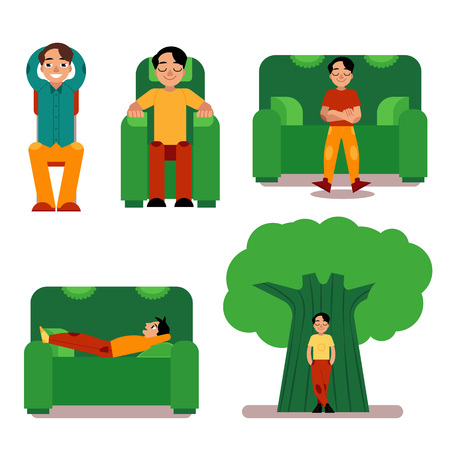 Young man relaxing set - male character sitting or lying on furniture and standing near green tree. Boy restores his strength during break or after work, isolated flat vector illustration.のイラスト素材
