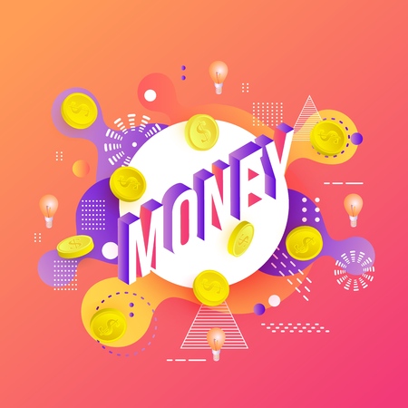 Trendy money poster, banner background template with golden coins, light bulbs on vibrant gradient red orange color abstract geometric shapes. Vector modern advertising layout, minimal styleのイラスト素材