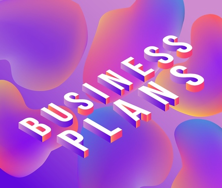 Business Plans isometric text design with volumetric letters on abstract colorful gradient background with fluid color bubble shapes. Bright trendy ultra violet vector illustration.のイラスト素材