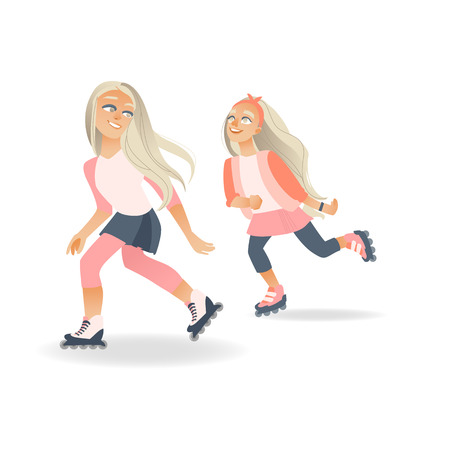 Cartoon girl teen kid, child and adult woman roller skating in protective equipment, helmet. Active lifestyle female character, having fun doing sport. Isolated illustration vector white background.のイラスト素材