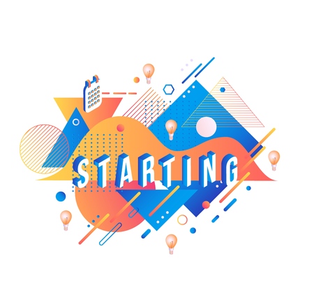 Trendy starting poster, banner background template with orange red color abstract geometric shapes- squares and circles and light bulbs, calendar planner icon. Vector modern advertising illustrationのイラスト素材