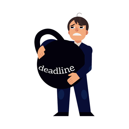 Deadline pressure on businessman - male office worker holding big heavy weight with deadline sign isolated on white background. Time management and planning concept, flat cartoon vector illustration.のイラスト素材