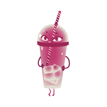 Summer cold fruit cocktail cartoon character - takeaway plastic cup of refreshing drink with ice and straw smiling and dancing isolated on white background. Vector illustration of cool beverage.のイラスト素材