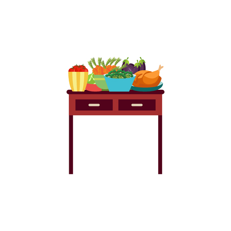 Ripe raw vegetables in pots standing at table. Eggplants in ceramic pot, carrot and tomatos, broccoli icon. Violet healthy food vegetable with vitamins. dieting healthy life style. Vector illustrationのイラスト素材