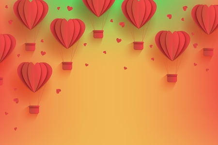 Heart shaped red hot air balloons in trendy paper art style on gradient background. Cardboard folded aerostats surrounded by little hearts and copy space in vector illustration for greeting card.のイラスト素材