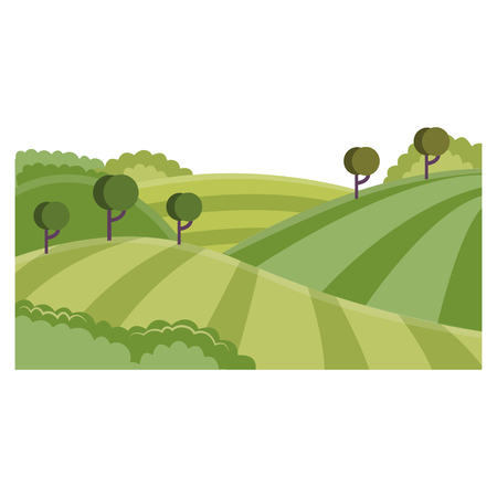Rural landscape with hills and fields - summer green farmlands with rows of agricultural plants and trees. Flat cartoon vector illustration of countryside skyline.のイラスト素材