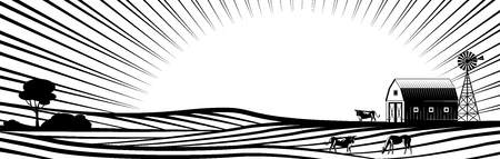 Farm barn with windmill and rural animals on countryside landscape with hills and fields monochrome silhouette - farmland with rows of agricultural plants and trees in vector illustration.のイラスト素材